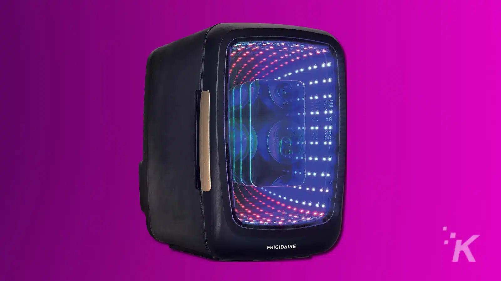 Portable LED washing machine on purple background.