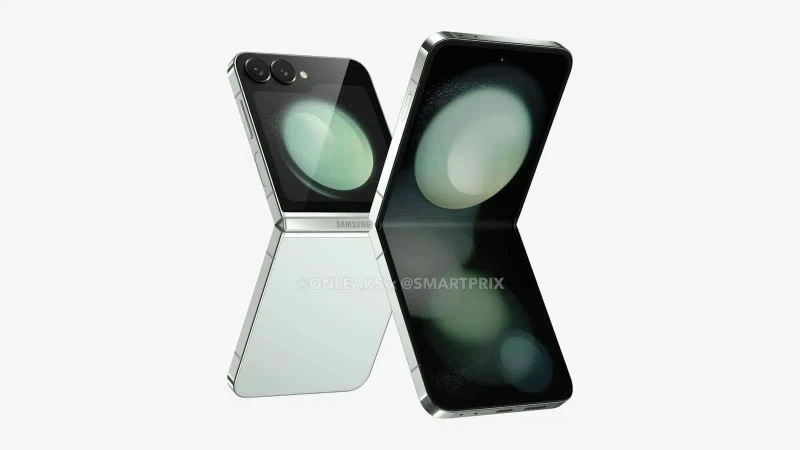 A Samsung galaxy z flip 6 smartphone, displayed half-folded, showing its external and internal screens, with a visible camera bump on the back.