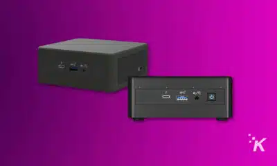 GEEKOM mini pc in purple background