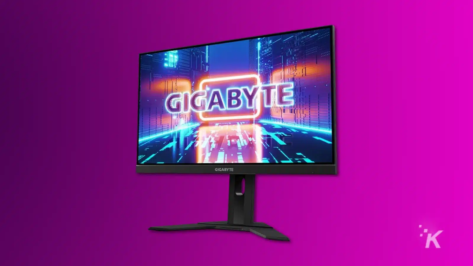 render of a gigabyte gaming monitor on a purple background