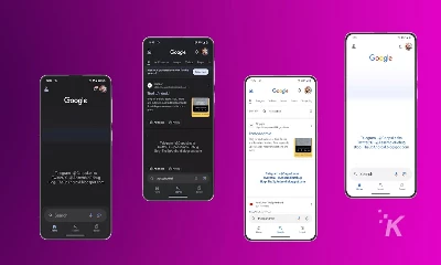 Four smartphones against a purple background displaying Google search interface in various themes; showcasing search functionality, promotions, and a blog advertisement.
