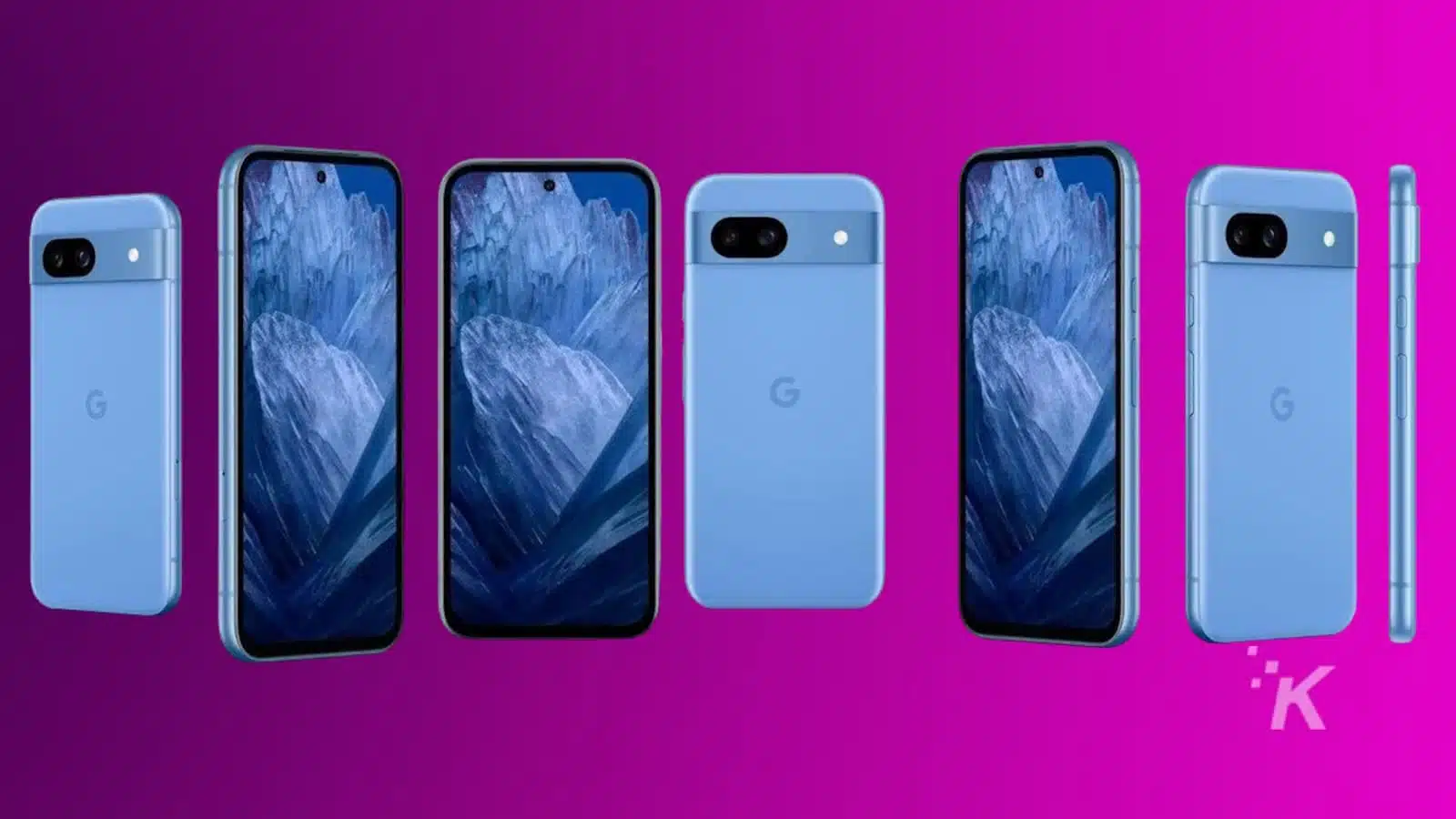Five blue smartphones with mountain wallpapers displayed.