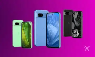 Three Google smartphones, green, blue, and black, displayed.