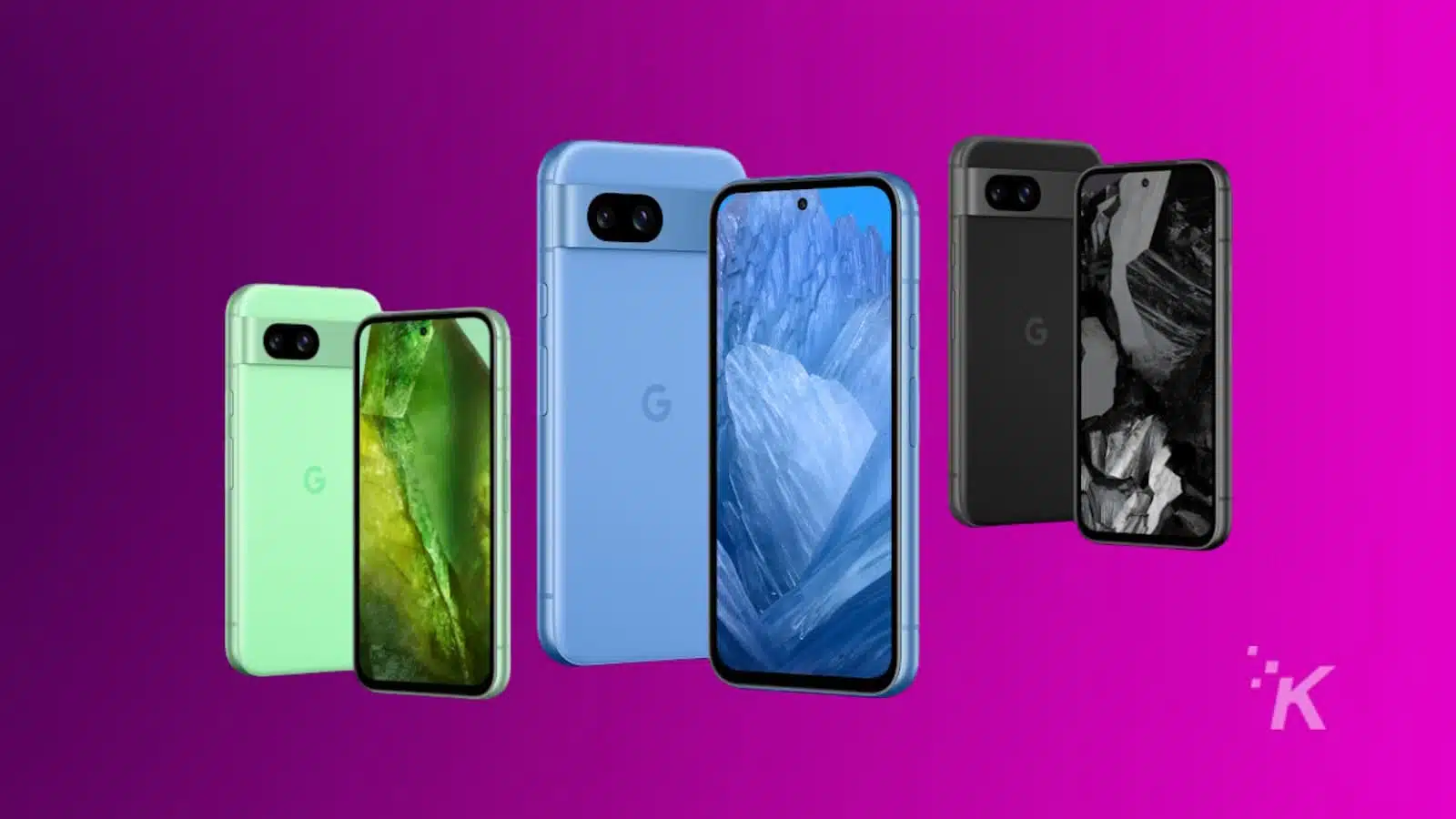 Three Google smartphones, green, blue, and black, displayed.