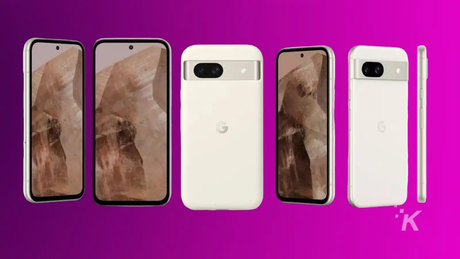 Google Pixel smartphones displayed on purple background.