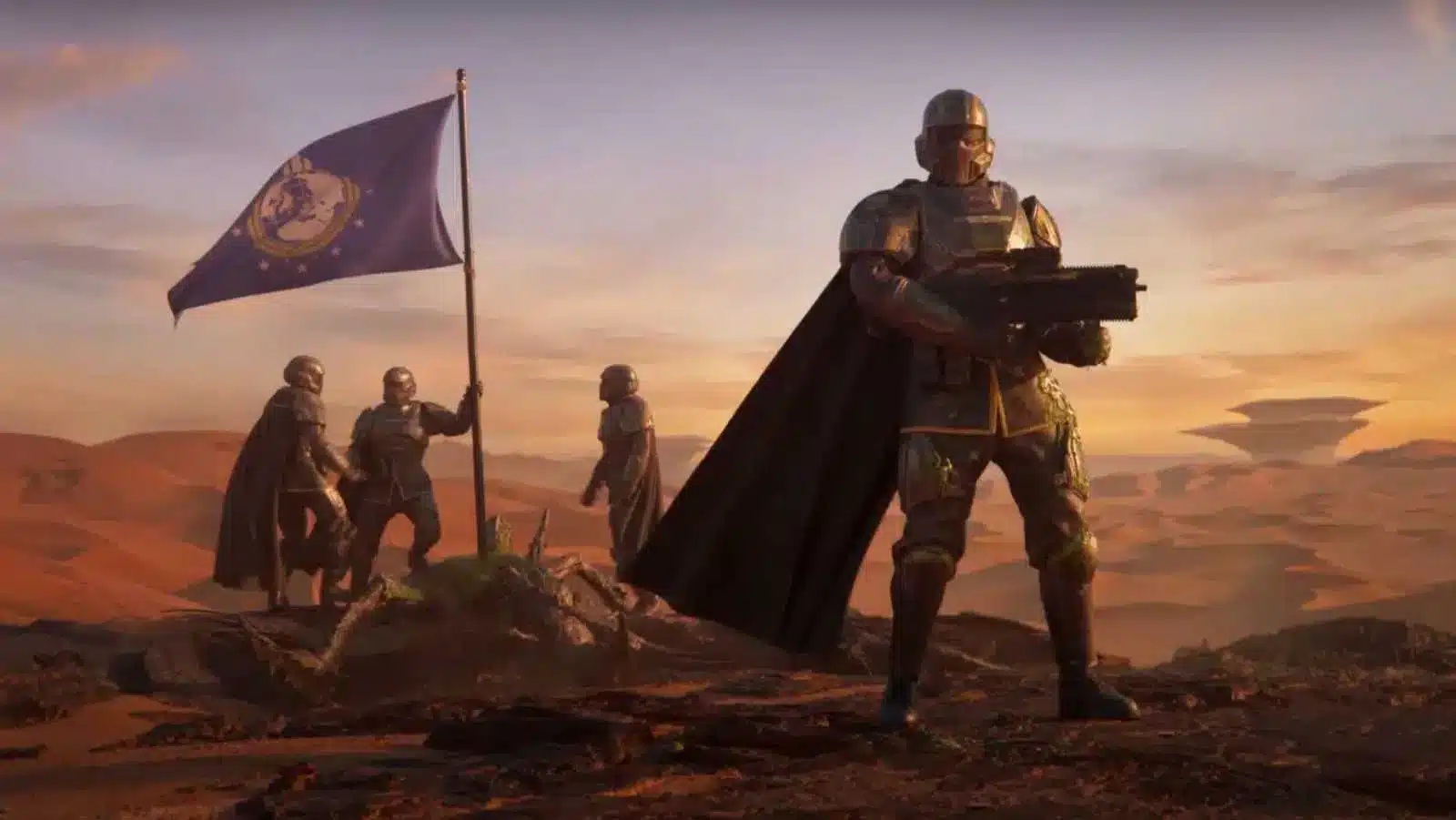 Futuristic soldiers with flag on Mars-like terrain.