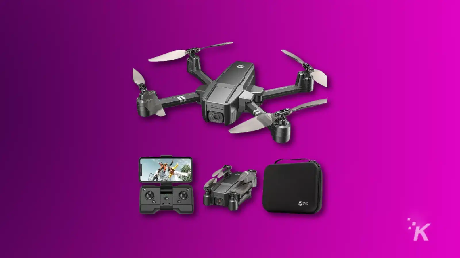 render of a holy stone hs440 foldable fpv drone on a purple background