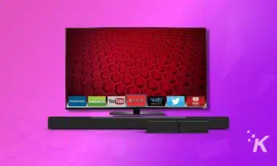 image of a tv and soundbar on a purple background