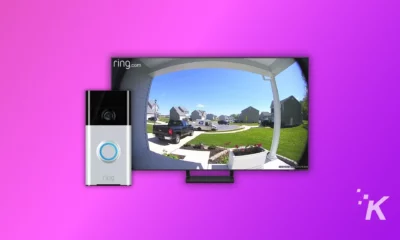 Ring doorbell and Led Smart tv on the purple background