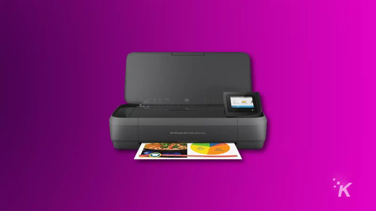 HP OfficeJet 250 printer on purple background