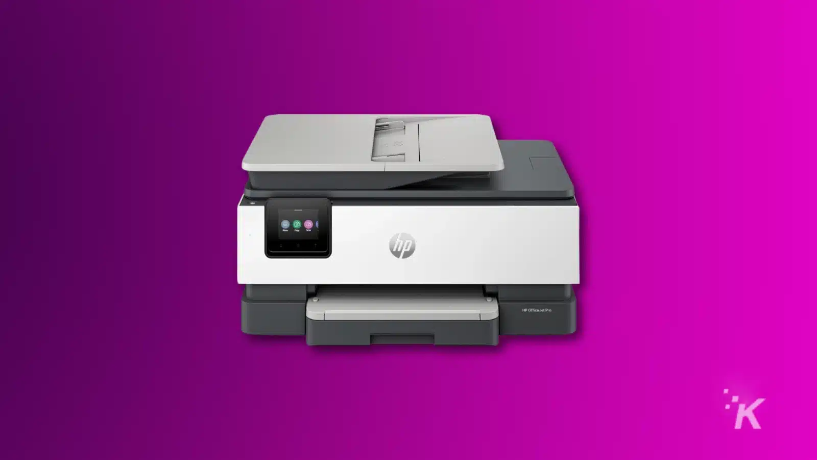 HP multifunction printer on purple background