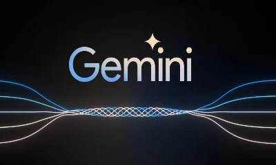 The image shows the word "Gemini" with a shining star above it, set against a dark background, flanked by symmetrical wavy lines intersecting in the middle.