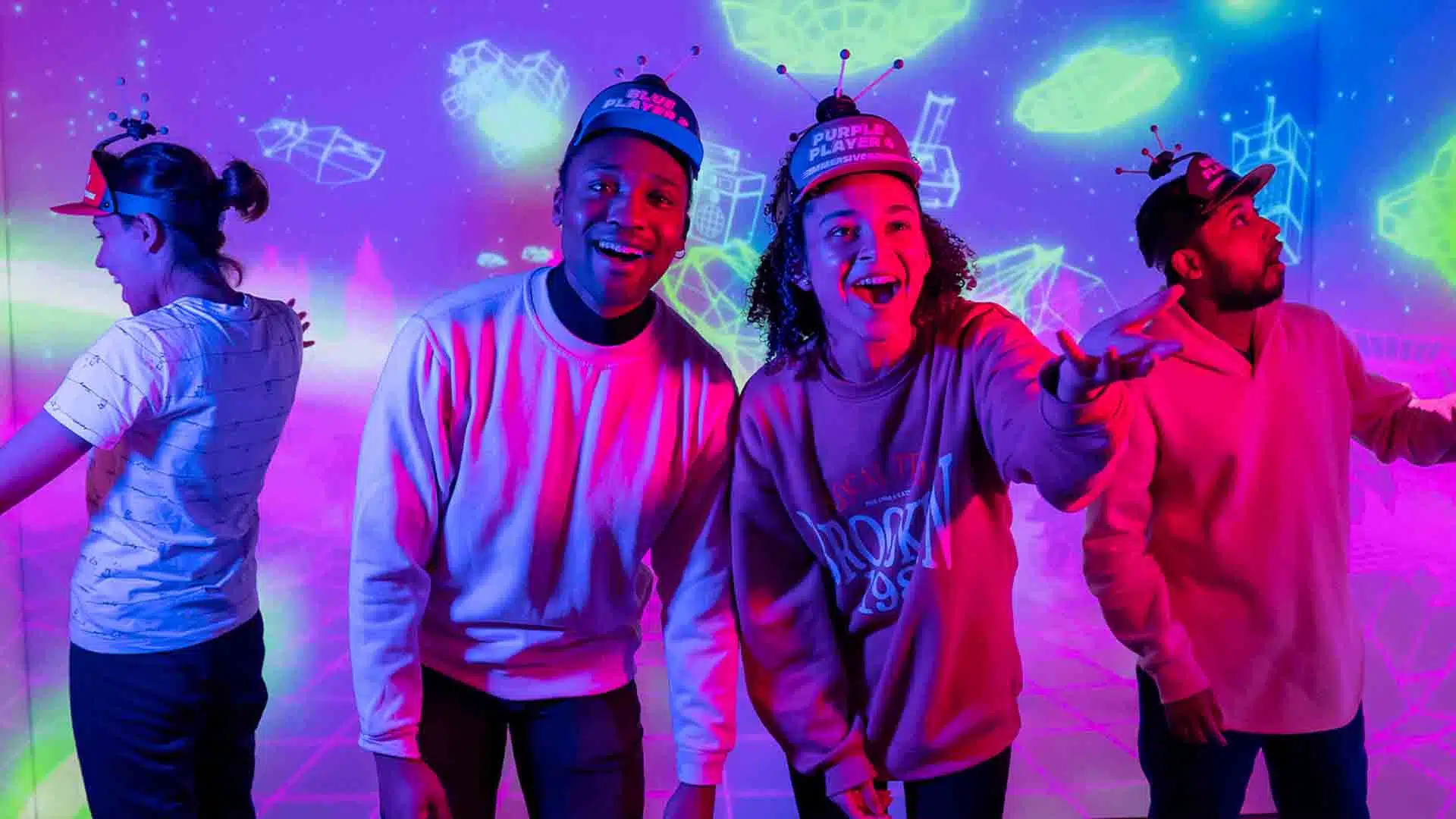 Friends enjoying vibrant virtual reality gaming experience.