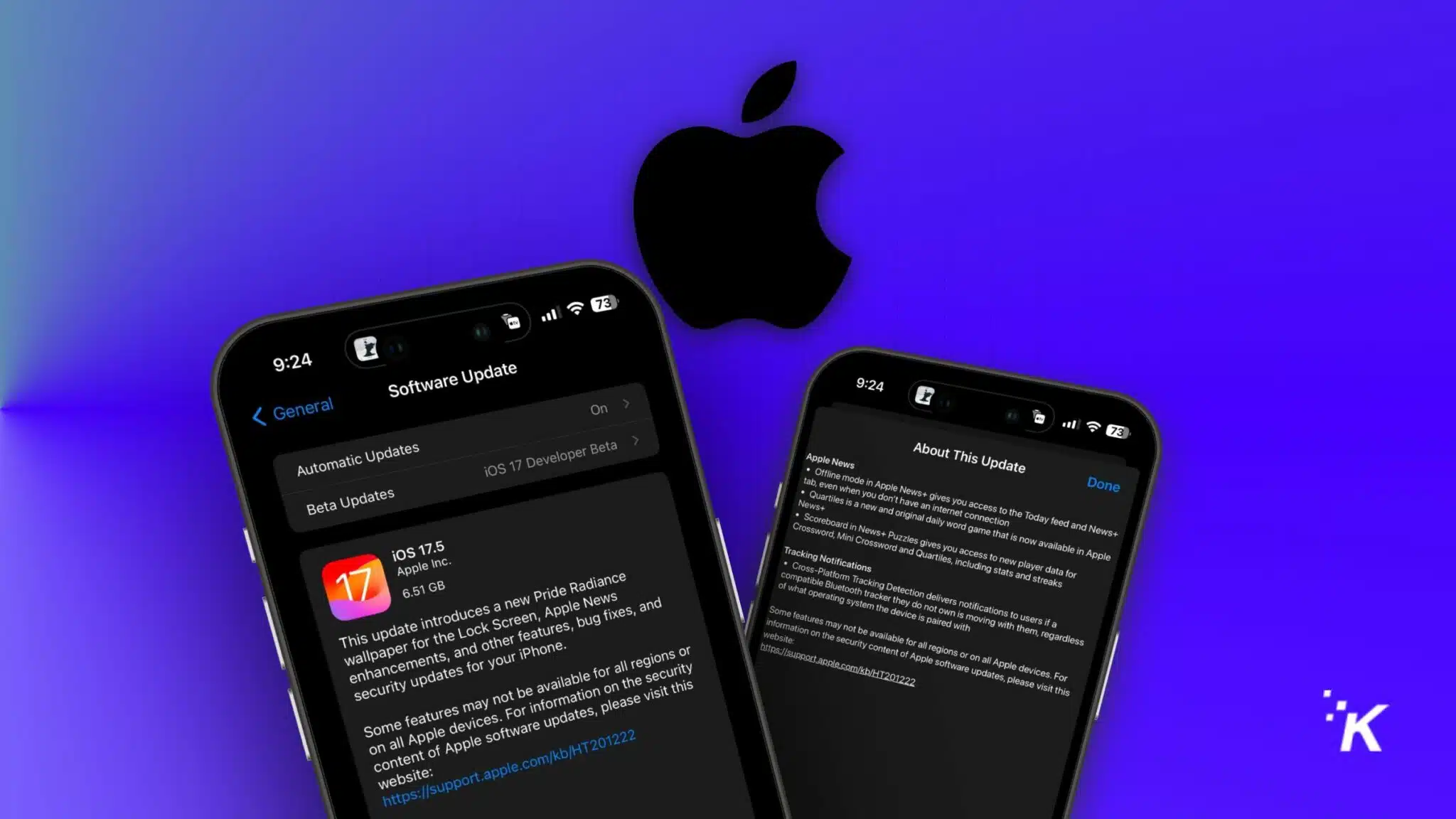 Smartphones displaying iOS 17 Developer Beta update screens.