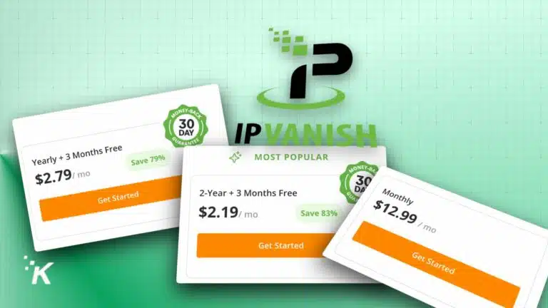 IPVanish VPN pricing plans and discounts display.