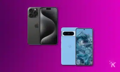 iphone 15 pro max and pixel 8 pro on a purple background