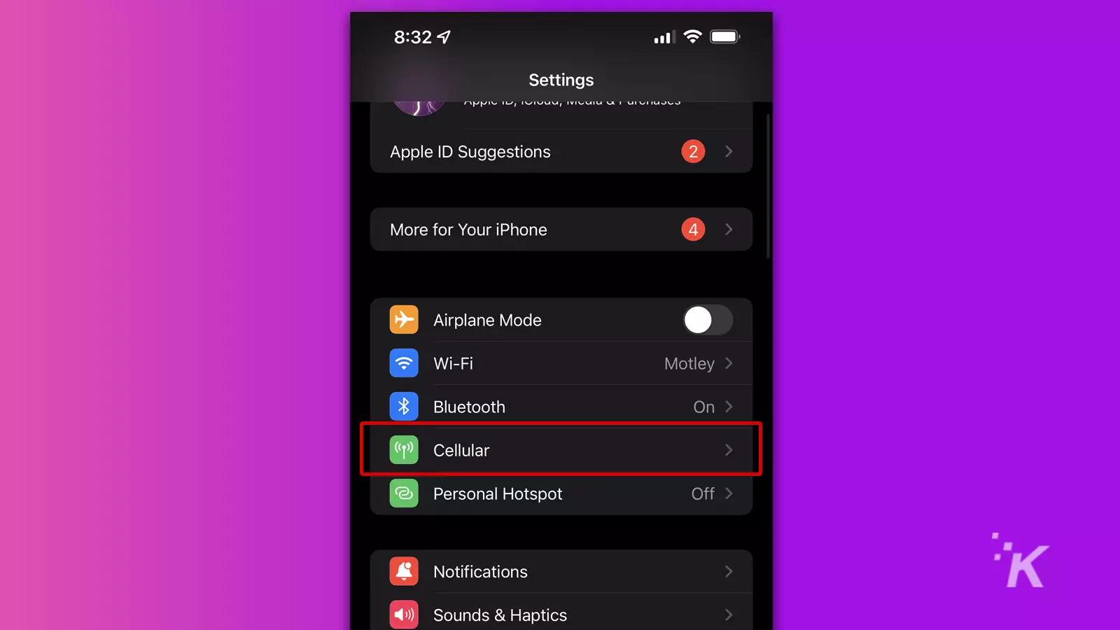 cellular settings page on apple iphone settings app