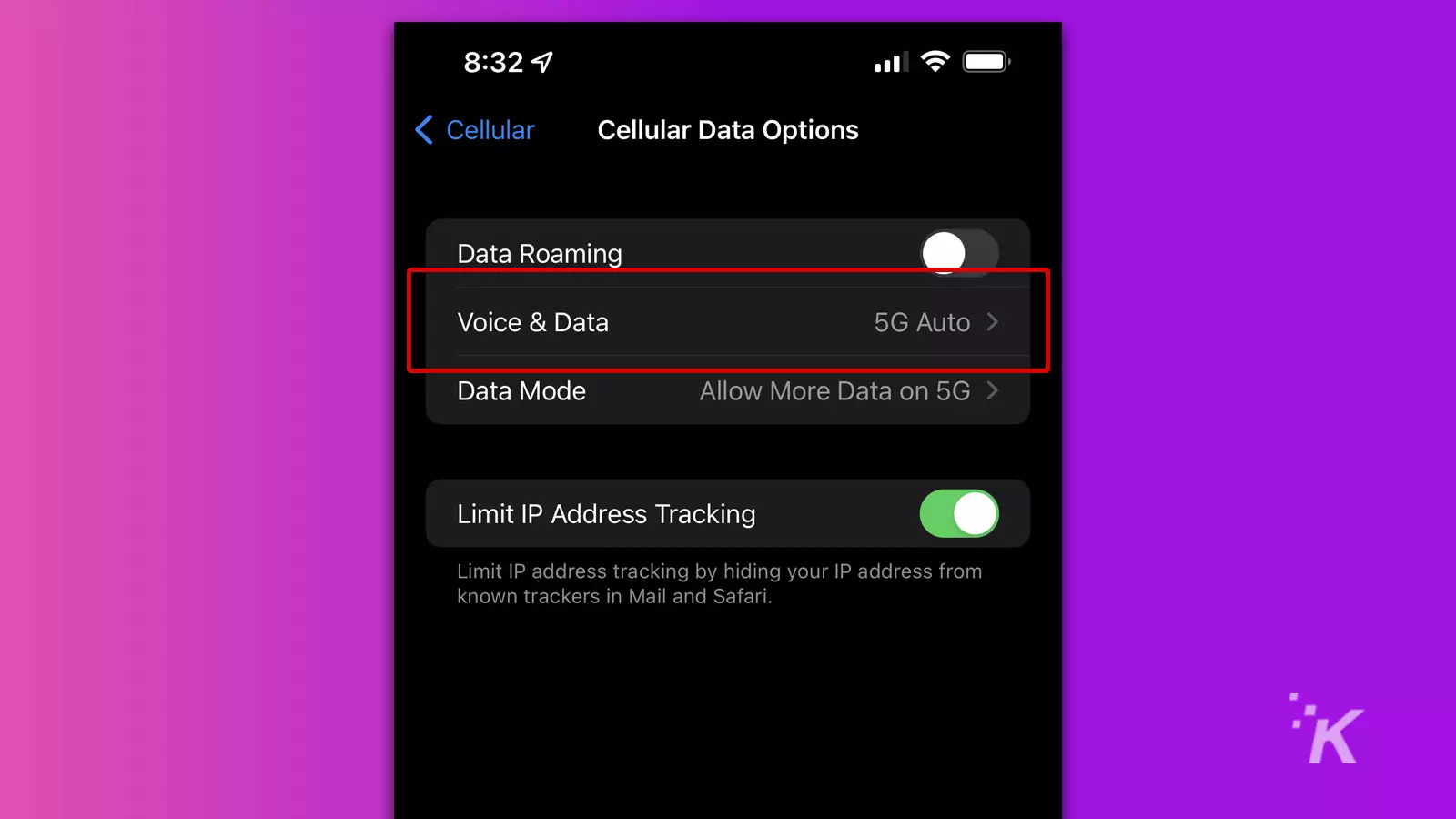 cellular data options on ios device showing voice and data