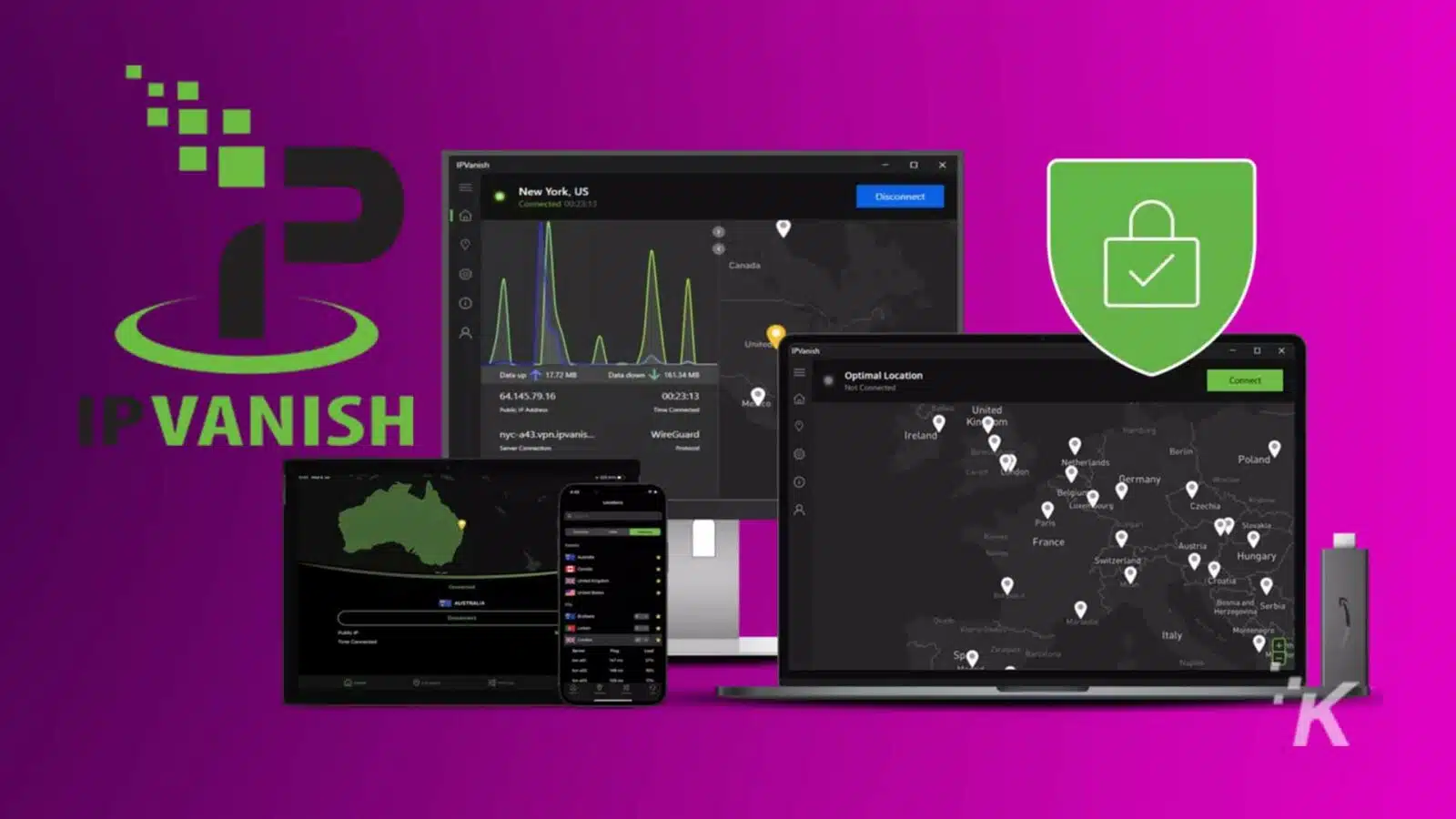 IPVanish VPN service interface on various devices