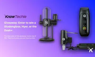 Promotional image for a KnowTechie giveaway featuring three products: a Studenglass, a Hyer, and a Dash+ device against a purple to blue gradient background, with text details about entering the giveaway and the total value.