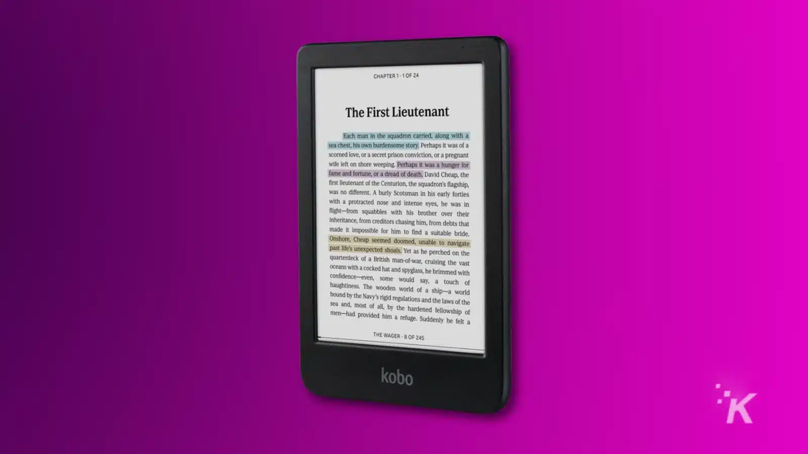 Kobo e-reader displaying a book page.