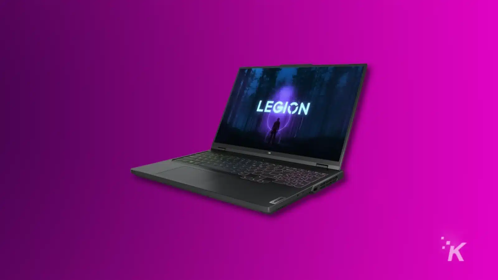 Laptop displaying 'LEGION' logo on purple background.