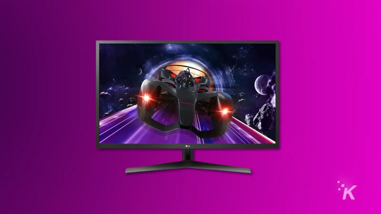 render of a 27-inch LG monitor on a purple background
