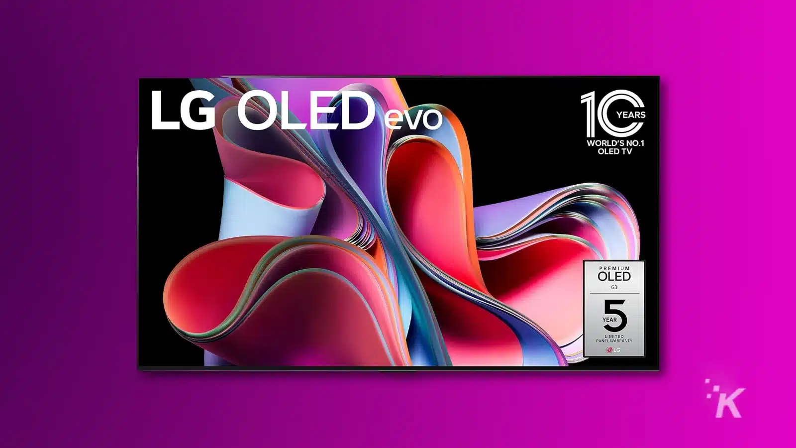render of a LG 77-inch G3 OLED Evo TV on purple background