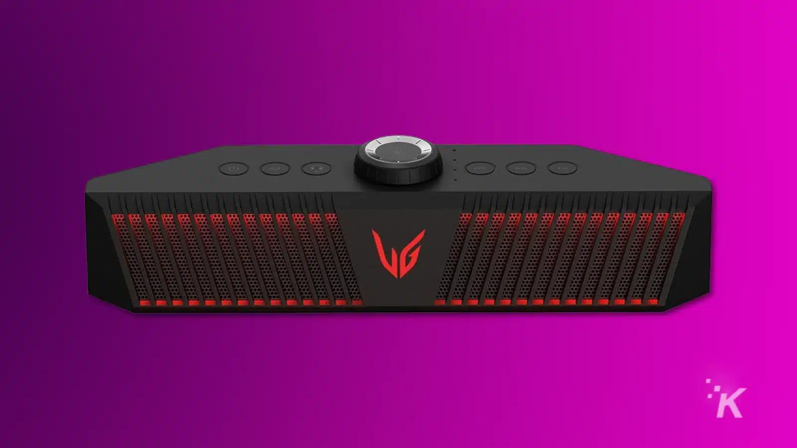 render of lg ultragear gp9 battery powered gaming soundbar on a purple background