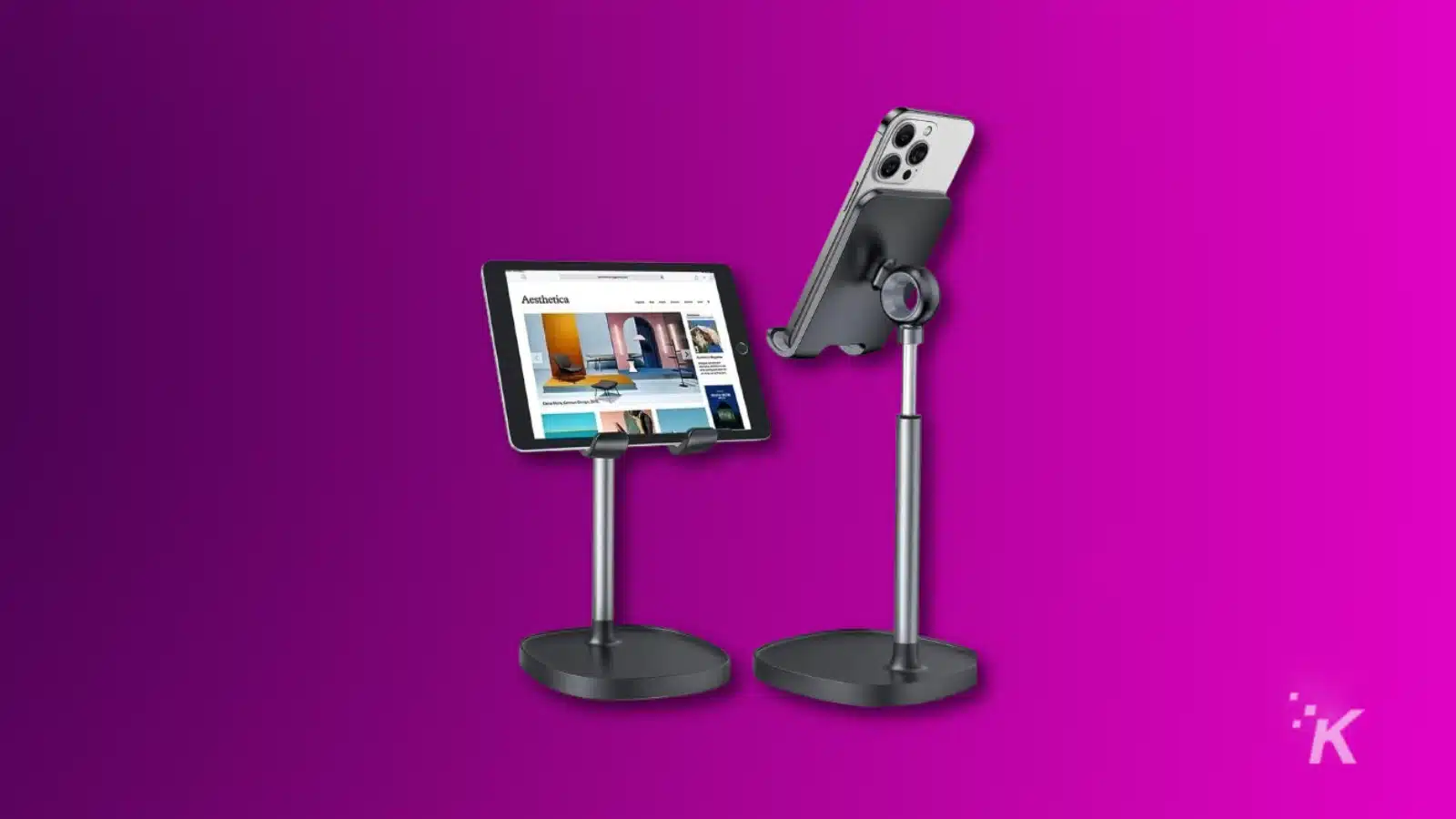 two phone stands holding devices on purple background