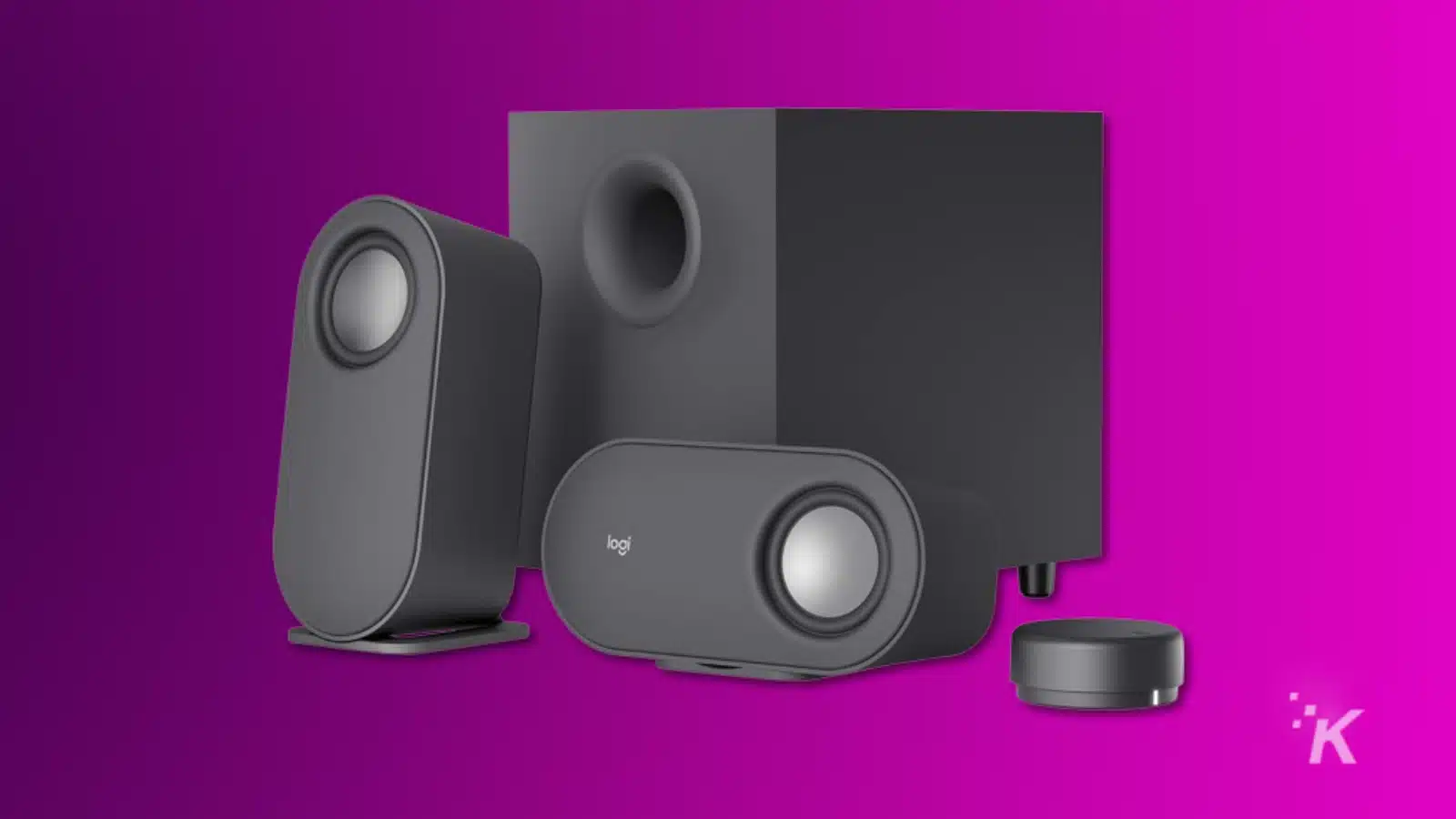 render of logitech z407 gaming speakers on a purple background
