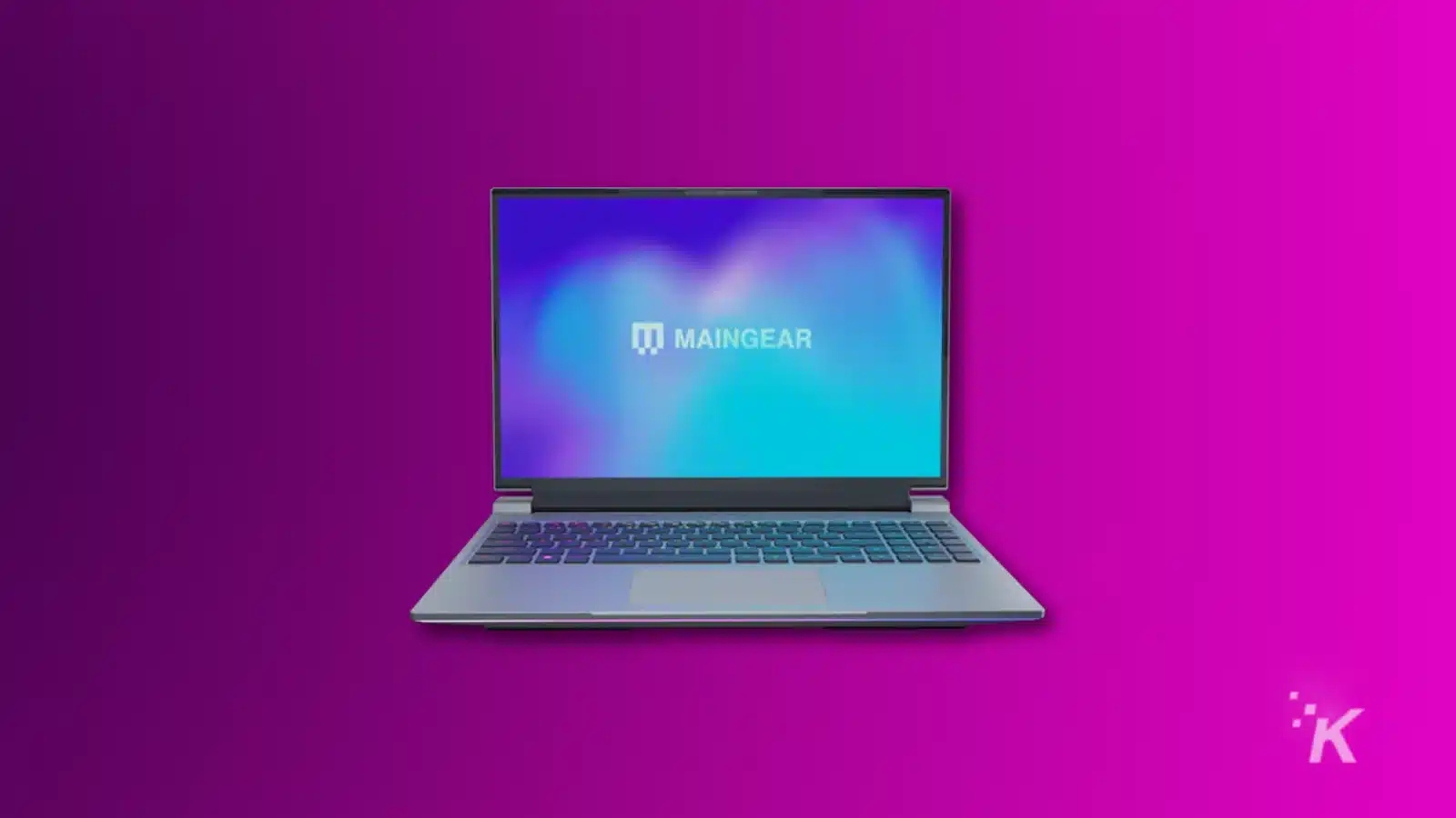 Maingear laptop on vibrant purple background.