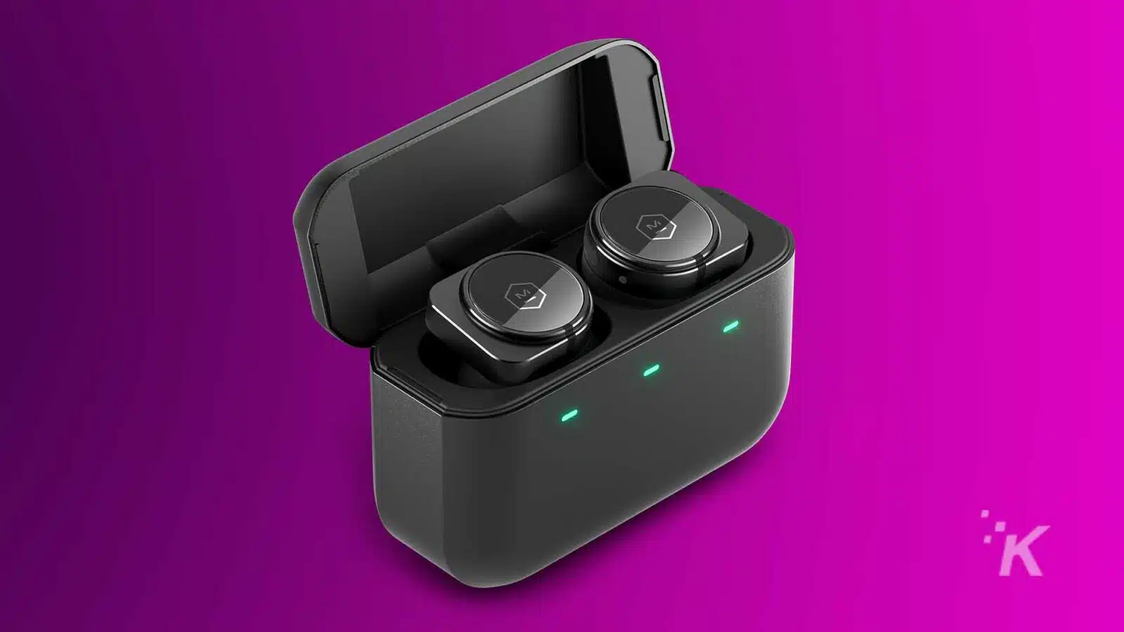 M&D earbuds in their case on a purple background