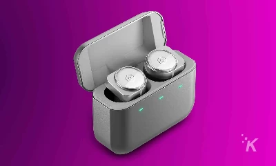 M&D earbuds in purple background