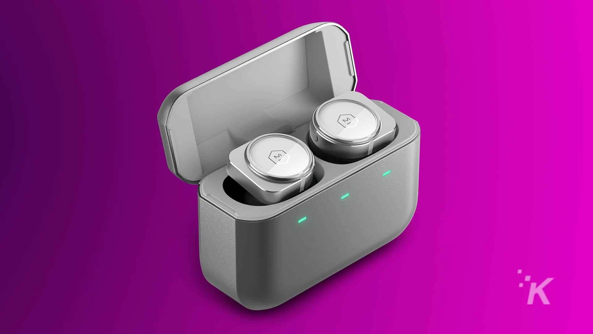 M&D earbuds in purple background