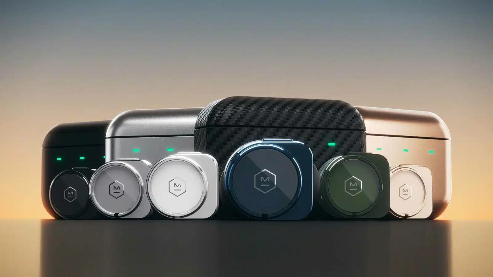 A camera captures M&D earbuds and their cases.