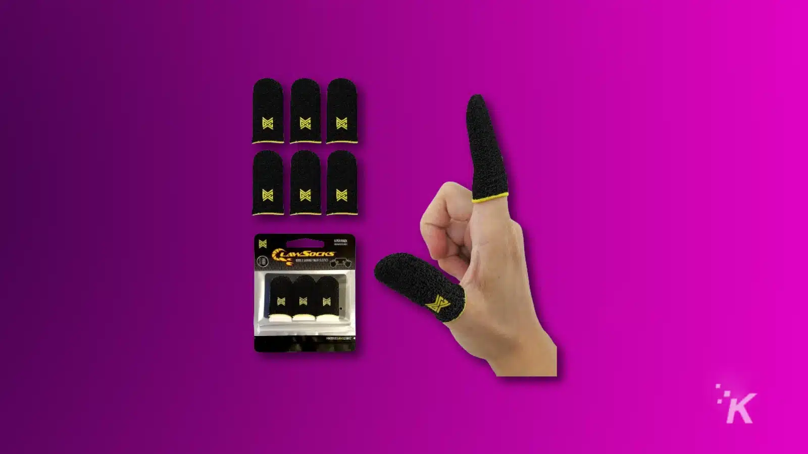 clawsocks finger sleeves for mobile gaming on a purple background