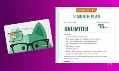 Mint Mobile: This image is advertising a limited time offer of a 3-month plan with 5G and 4G LTE data for $15/month with various features such as unlimited nationwide talk and text, a 3-in-1 SIM card kit or eSIM, free international calls to Mexico and Canada, 10GB mobile hotspot, WiFi calling and text, and the ability to bring your own unlocked 4G LTE and VOLTE-friendly phone. Full Text: Limited Time Offer ? 3 MONTH PLAN 5G . 4G LTE Data Limited Time Offer $15/ /MO mintmobile UNLIMITED Includes · Unlimited Nationwide Talk & Text · Data speeds reduce after 40GB but data is unlimited · 3-in-1 SIM Card Kit or eSIM (for eligible devices) · FREE international calls to Mexico and Canada mintmobile.com · 10GB Mobile Hotspot · WiFi Calling & Text · With our BYOP program, bring your own unlocked 4G LTE and VOLTE-friendly phone (you love it, cracks and all) Long story short: we offer awesome wireless service at the lowest monthly price. Period. See Less /