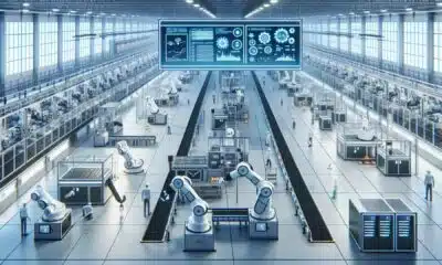 Modern automated factory floor with robotics and digital displays.