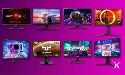 Variety of gaming monitors on purple background.