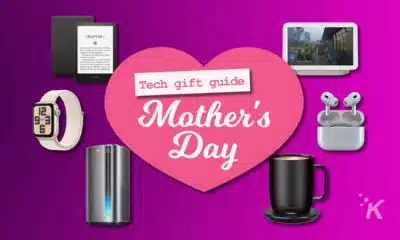 Mother Day tech gift guide collage on purple background.