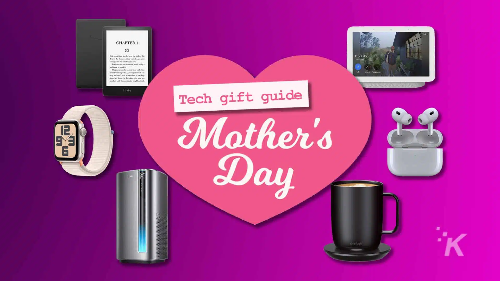 Mother Day tech gift guide collage on purple background.