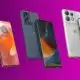 Five Motorola smartphones on purple background.