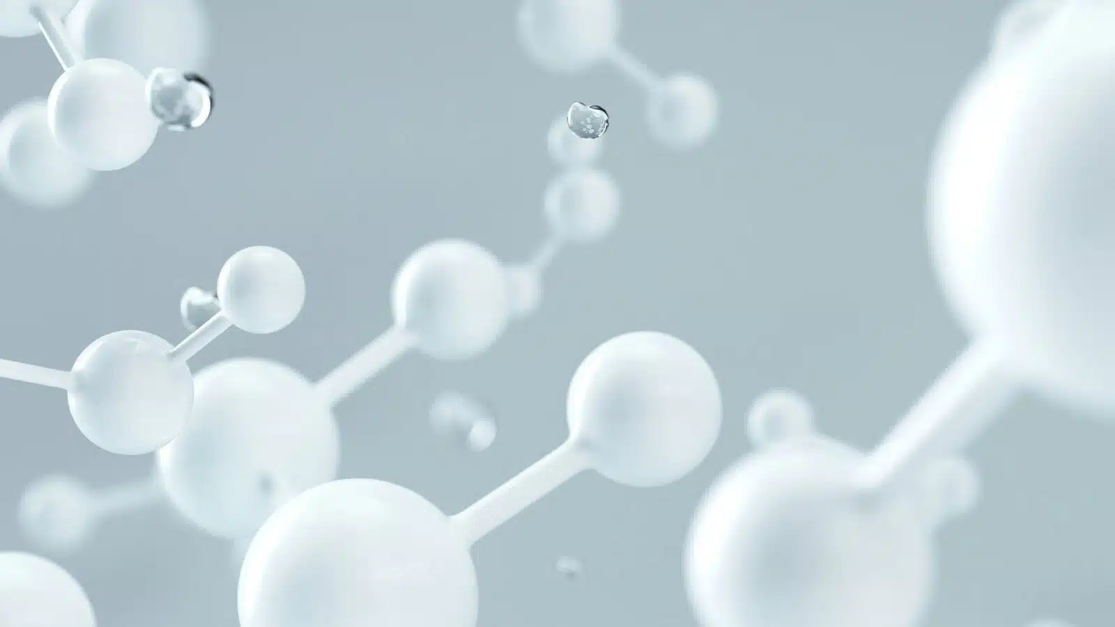 3D-rendered white molecular structure on blue background. Biotechnology