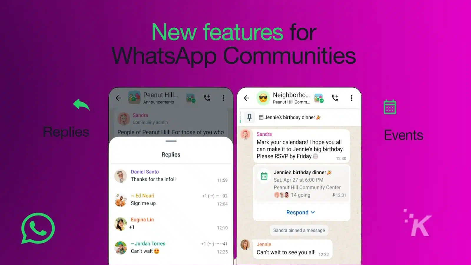 Preview of WhatsApp Communities' new Replies and Events features.