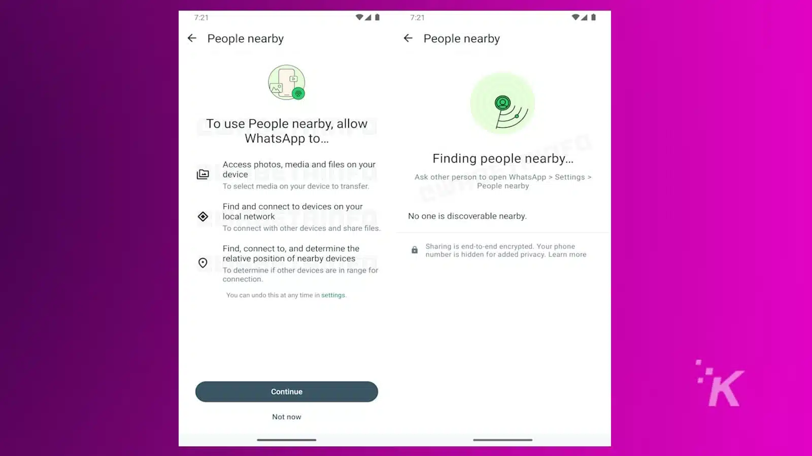 WhatsApp People Nearby feature setup screens.