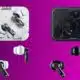 Two pairs of wireless earbuds with transparent design, one set in white and the other in black, displayed both in their open charging cases and separately outside the cases, against a purple background.