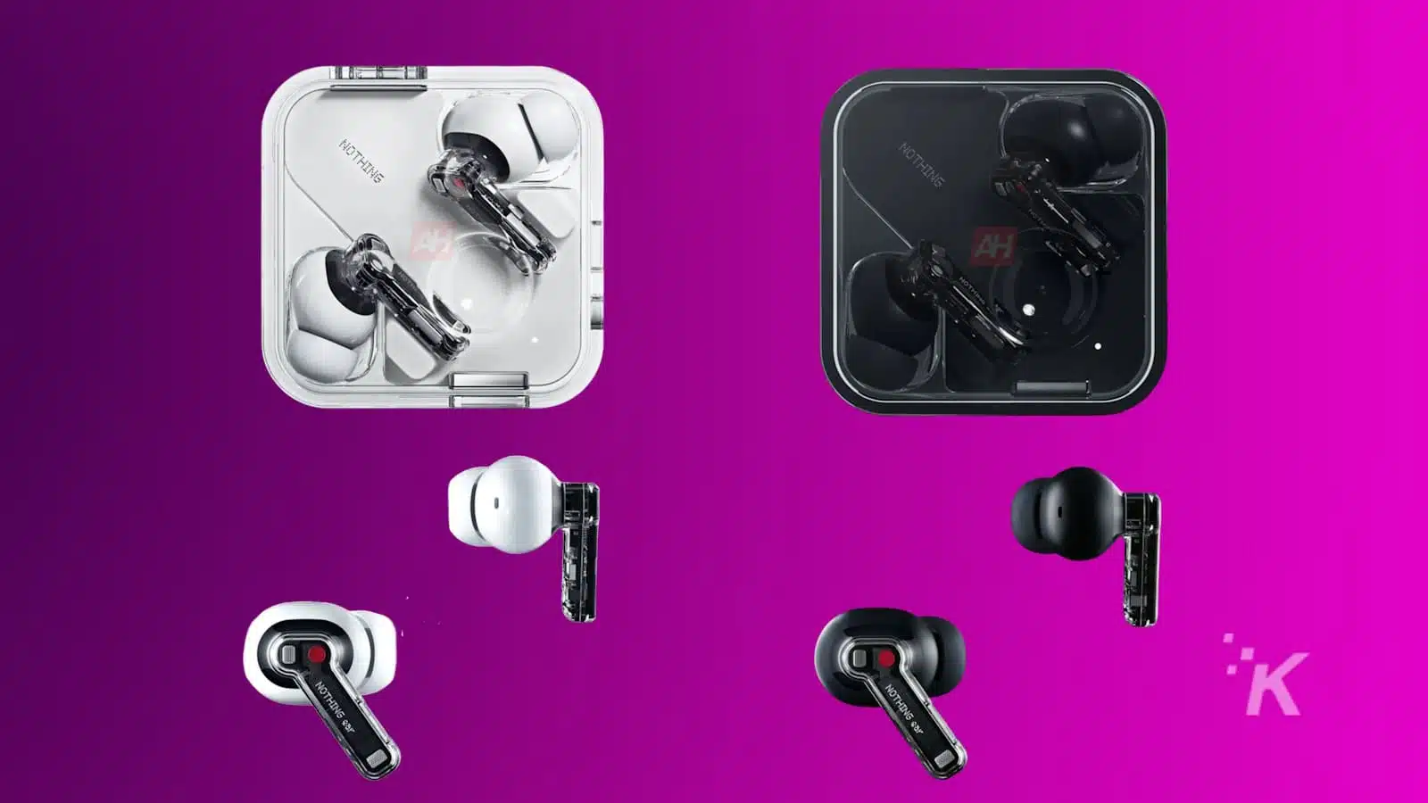 Two pairs of wireless earbuds with transparent design, one set in white and the other in black, displayed both in their open charging cases and separately outside the cases, against a purple background.
