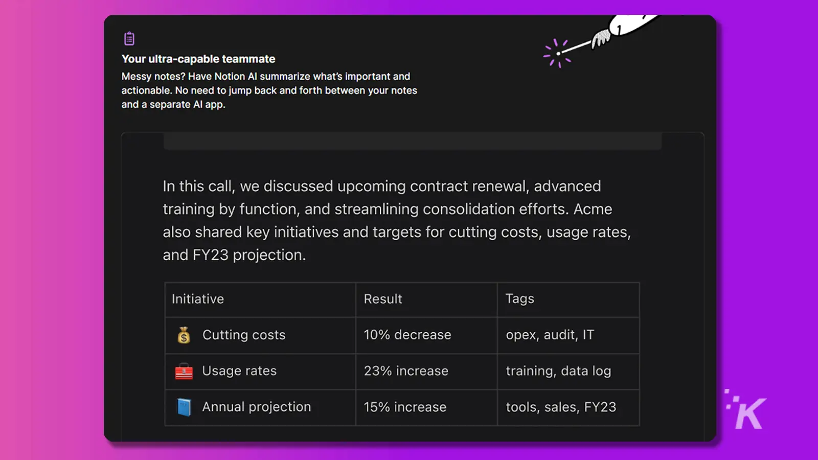 Notion AI summary interface in purple background