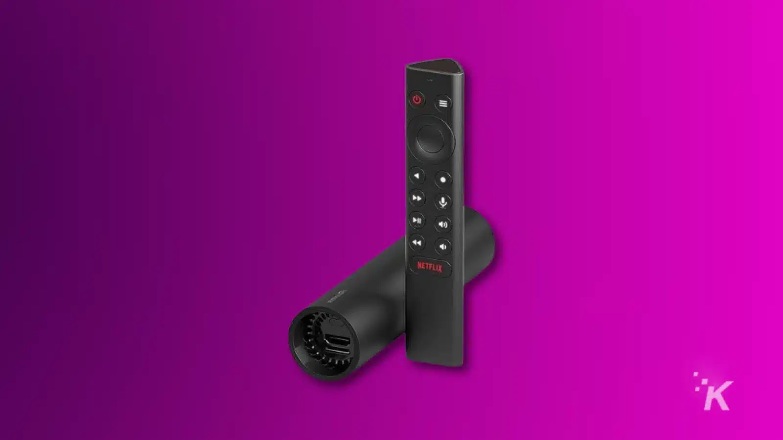 Black streaming device and remote on purple background.